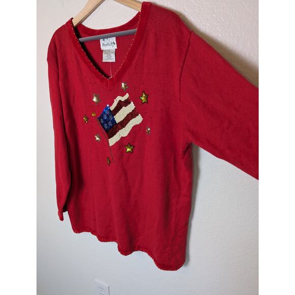NWT VTG Quacker Factory Red USA Flag Sequin Tunic Sweater Women 1X Patriotic - Picture 3 of 11